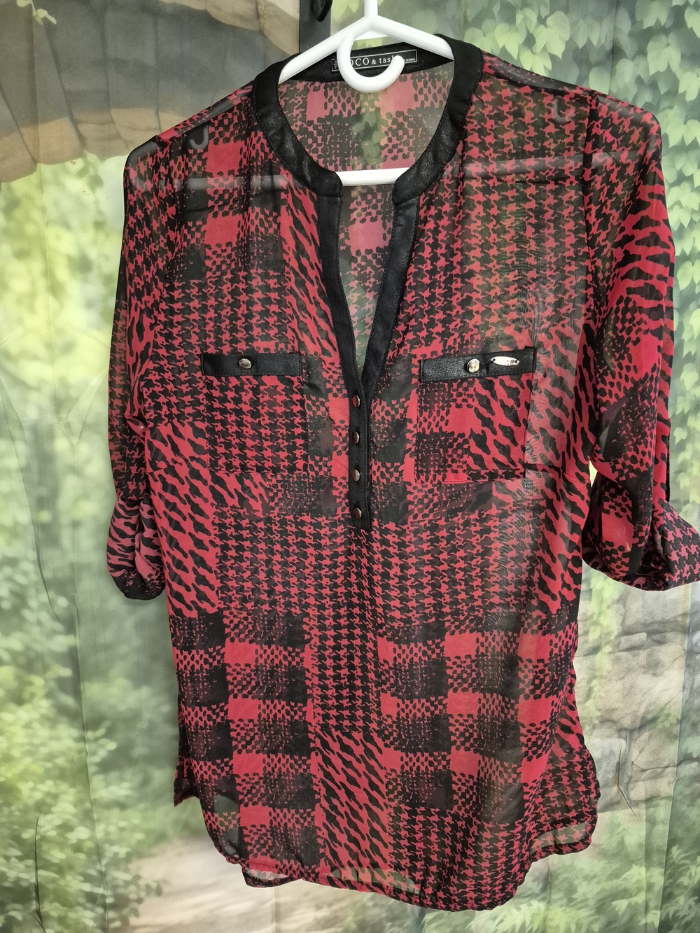 Sheer Red & Black Patterned Women’s Blouse Black Faux Leather
